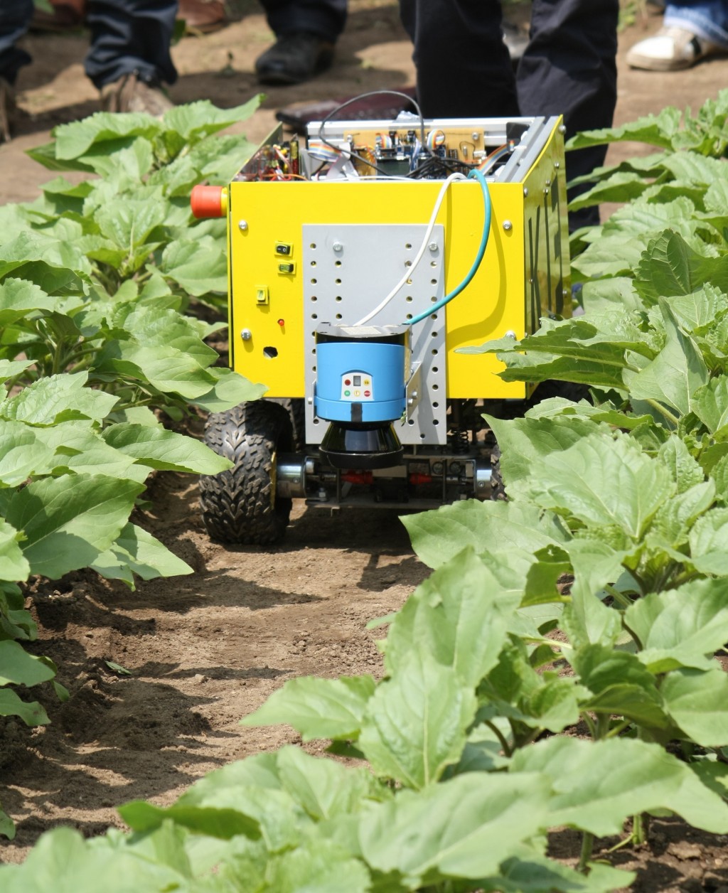 Foto von einem der Tasks. Kamaro 2010 fährt durch eine Feldreihe. Ein Kamaro steht am Anfang der Reihe und beobachtet. Die Jury steht links vom Roboter am Feldrand. Dahinter und um das Feld sammeln sich einige Zuschauer