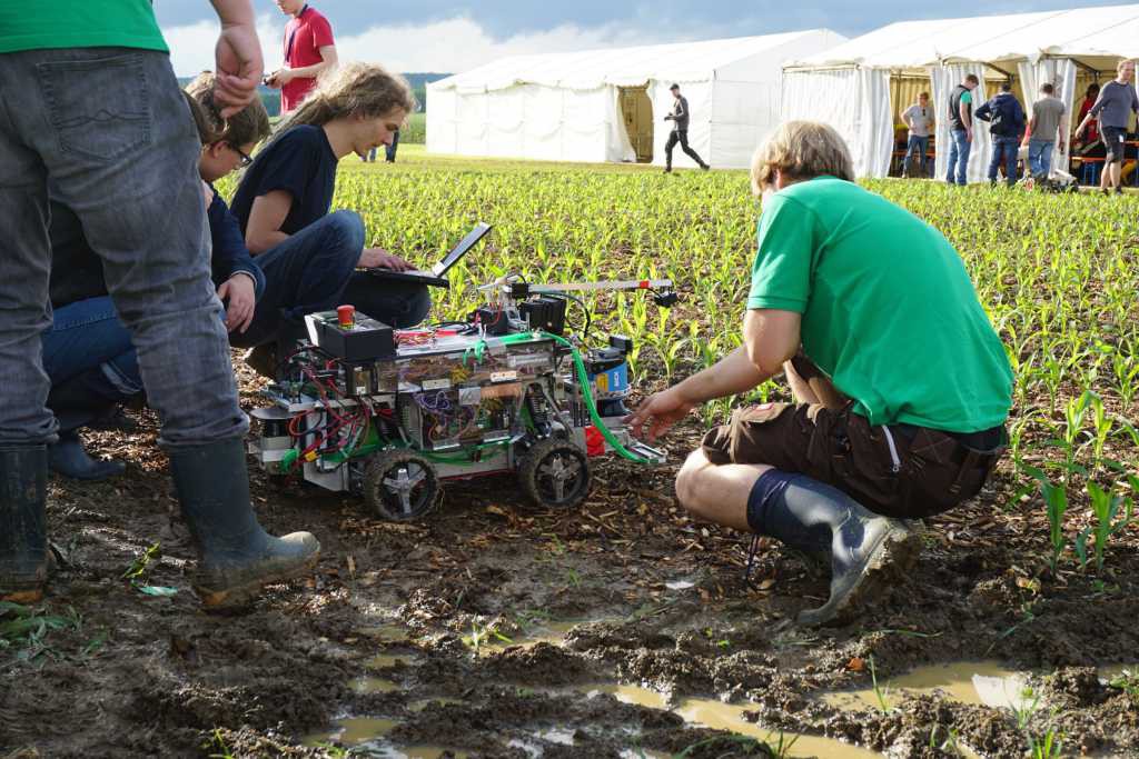 der Roboter Beteigeuze umringt von einigen Kamaros am rand des Test-Maisfelds