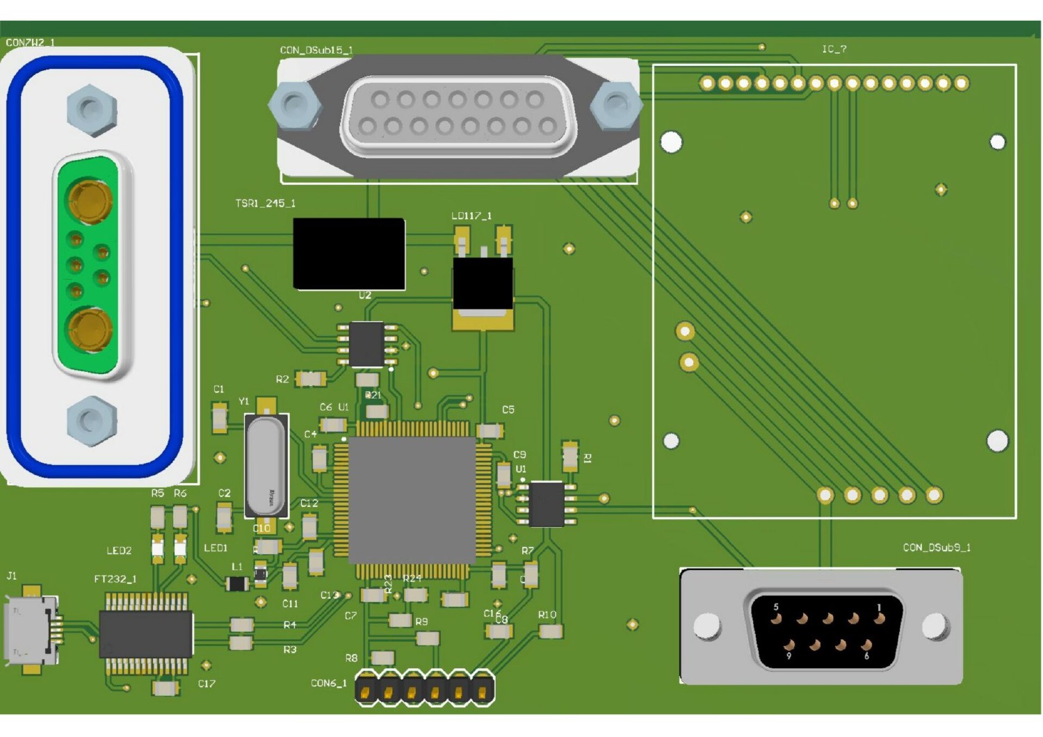 3D render einer etwa 6 x 10 cm großen Platine in KiCad