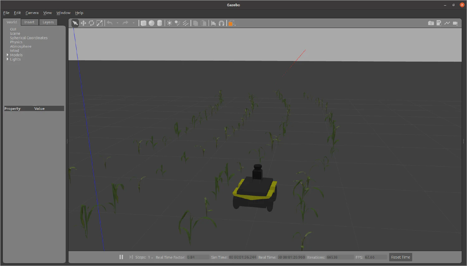 Maispflanzenreihen in der Gazebo Simulation