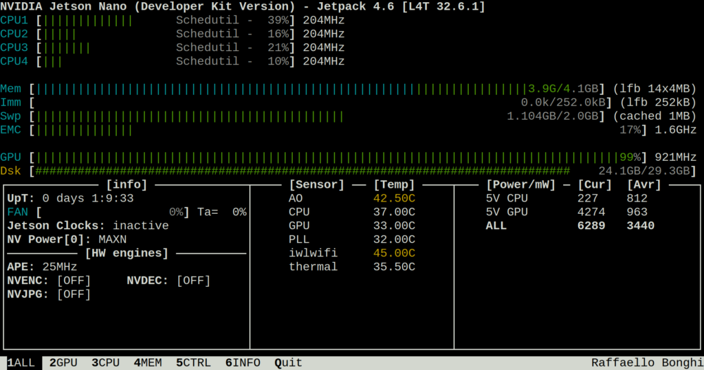 screenshot of jtop; the CPU cores have relatively low usage between 10% and 39% and are clocked at 204MHz. The GPU usage is at 99%.